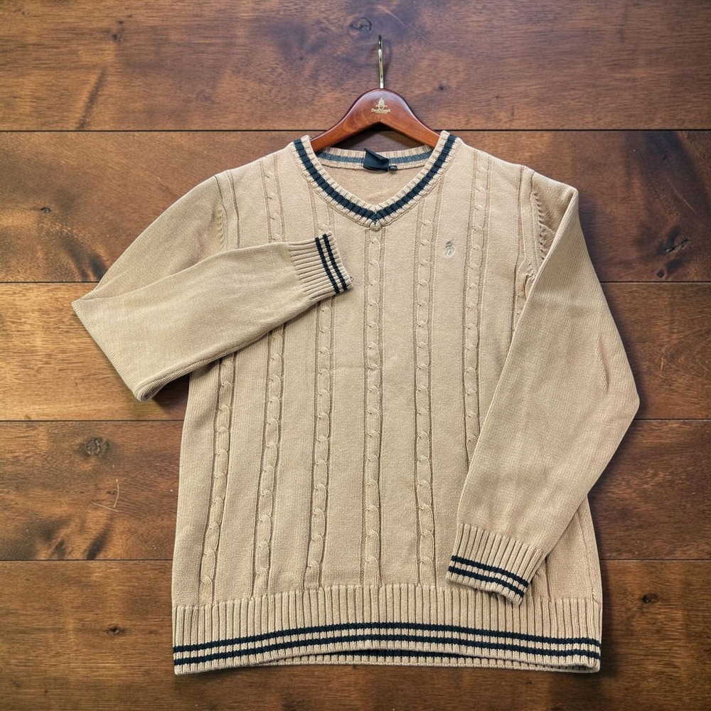 Vintage 90s Polo Sport Ralph Lauren Knit V-Neck Sweater Womens XL Tan Tipped